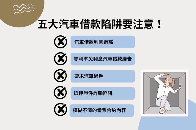 5大汽車借款陷阱:汽車借款利息過高、零利率免利息汽車借款廣告、要求汽車過戶、抵押證件詐騙陷阱、模糊不清的當票合約內容